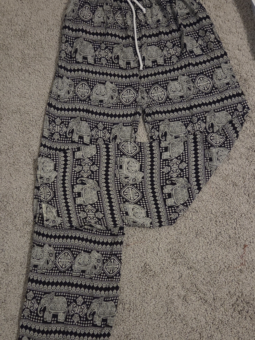Boho Wide Leg Elephant Print Pants - Black & Cream